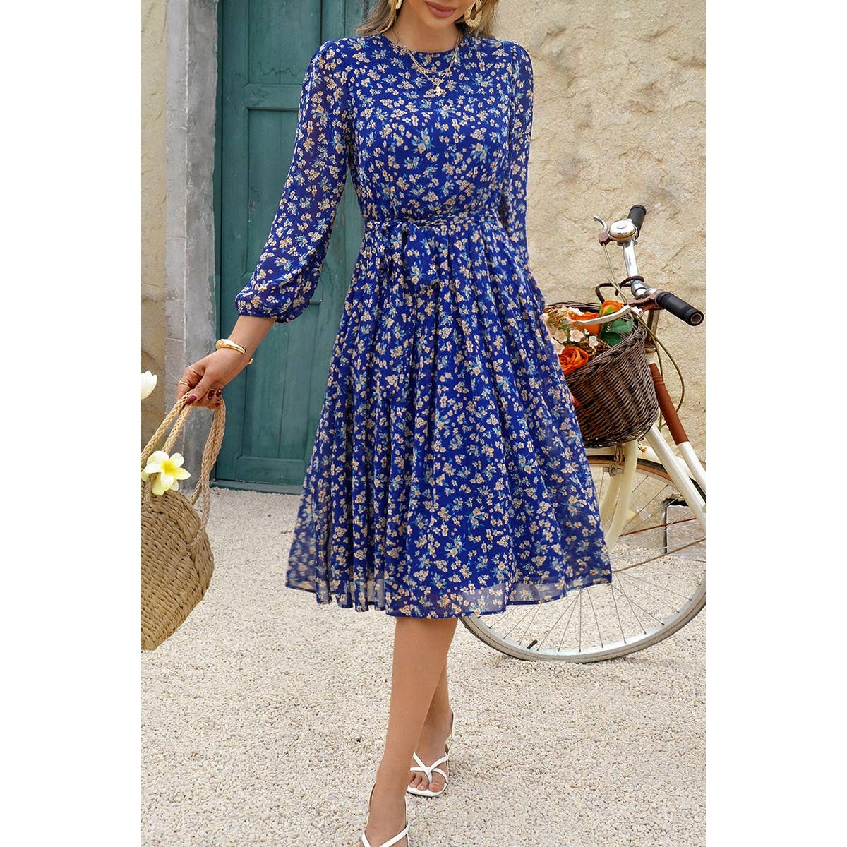 Dot Print Lantern Sleeve Belted Midi Dress - BBHGWM
