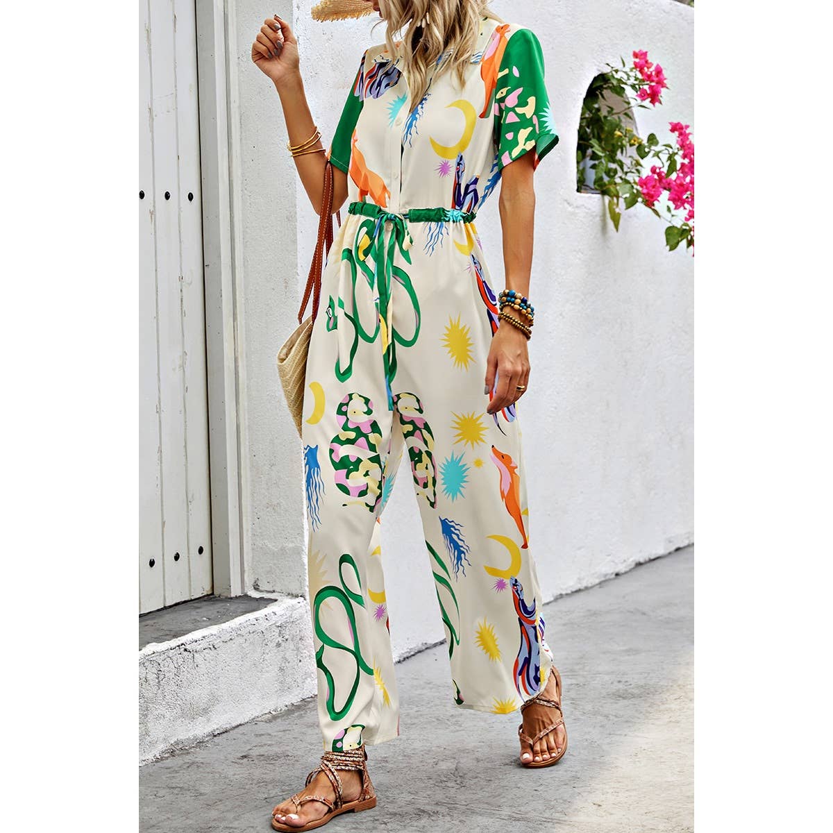Allover Print Button Up Belt Jumpsuit - BBHGWM