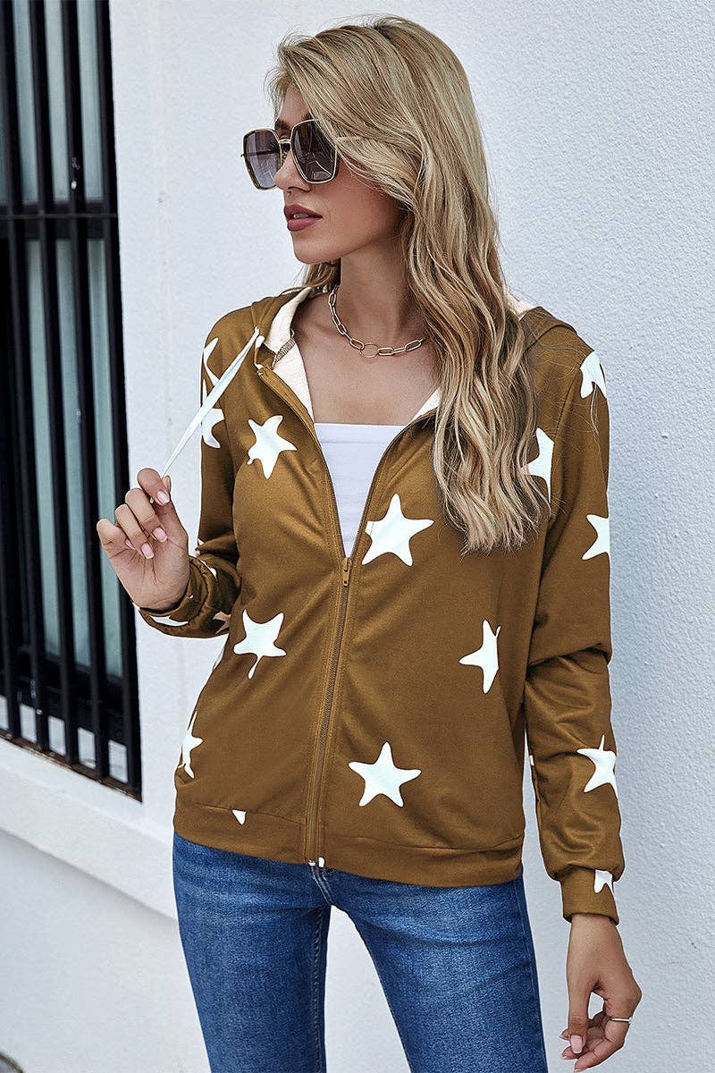 Stars Print Zip Up Long Sleeve Drawstring Hoodie - BBHGWM