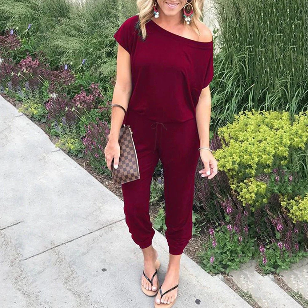 Solid Slant Shoulder Short Sleeve Jumpsuit - BBHGWM