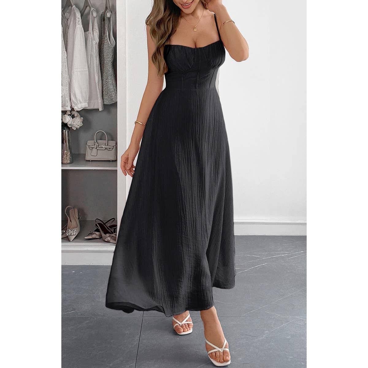 Solid Spaghetti Straps Sleeveless Cami Dress - BBHGWM