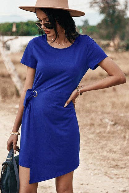 Round Neck Solid Tie Side Fit Short Dress - BBHGWM