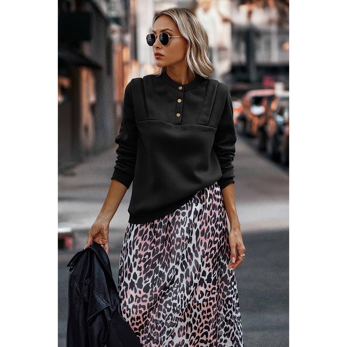 Spice Button Trim Lapel Solid Round Neck Pullover - BBHGWM