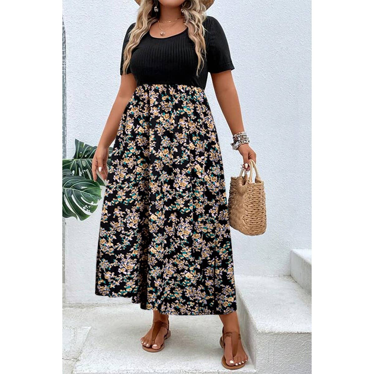 Plus Floral Print Elastic Fit High Waist Dress - BBHGWM