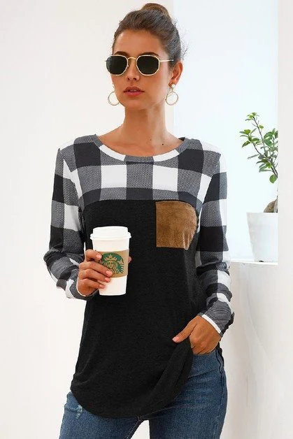 Plaid Long Sleeve Shirt Pocket Patchwork Shirt - BBHGWM