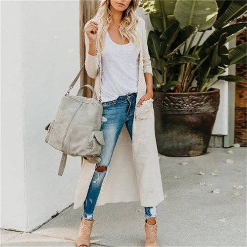 Solid Button Down Front Pocket Knitted Long Cardigan - BBHGWM