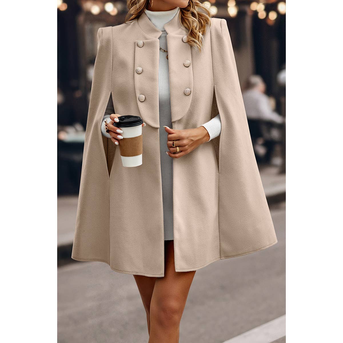 Solid Cloak Sleeve Double Breasted Cape Coat - BBHGWM