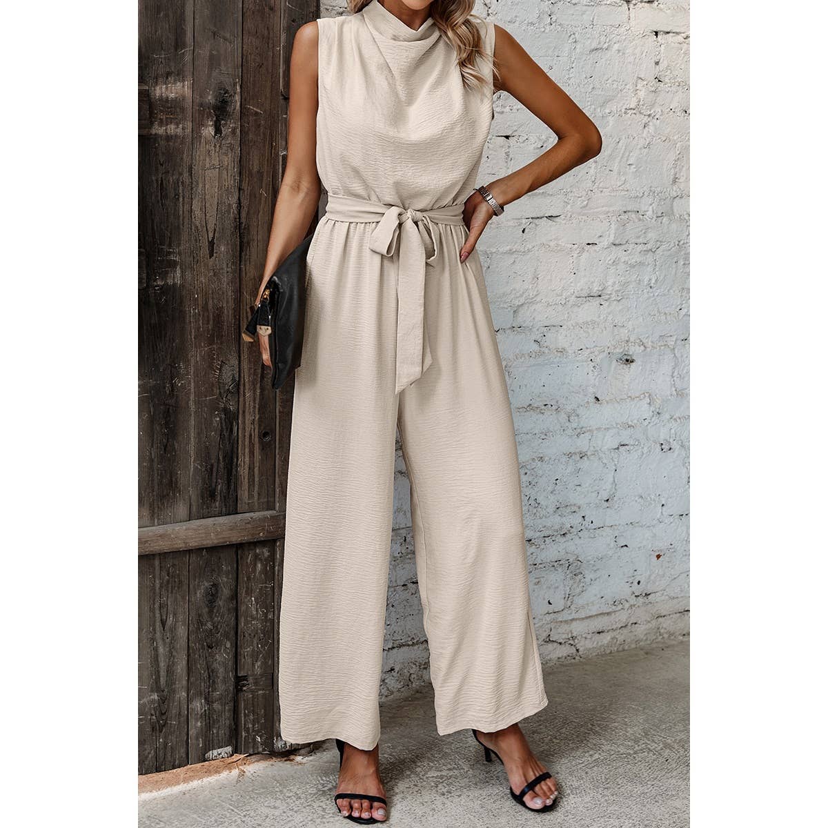 Solid Sleeveless Cut Out Back Belted Jumpsuit - BBHGWM