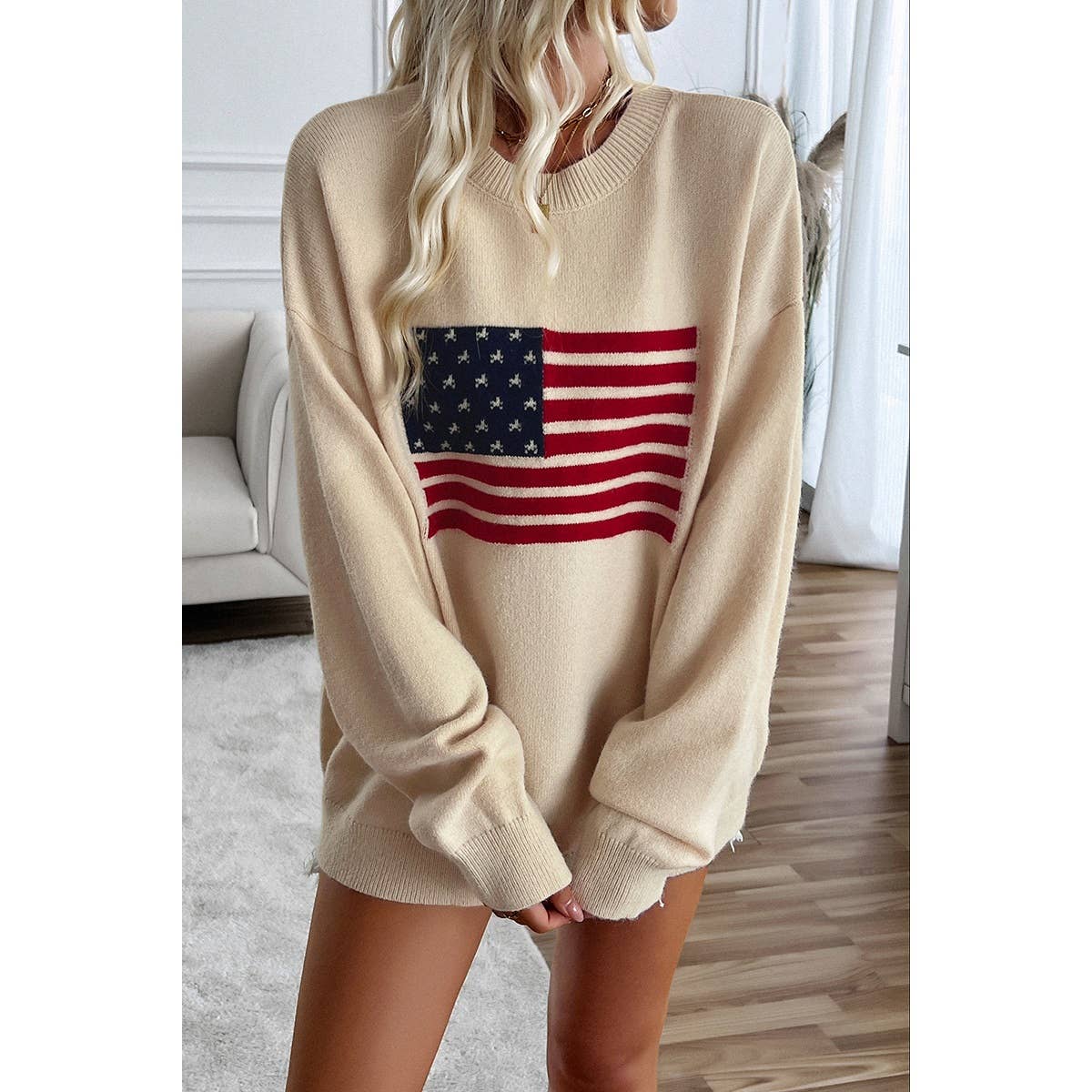 Knit Round Neck Flag Print Loose Fit Sweater - BBHGWM