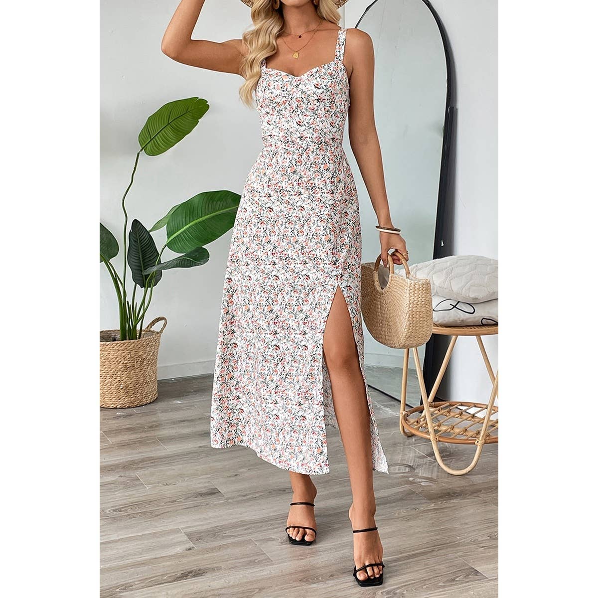Straps Floral Print Split Hem Fit Long Dress - BBHGWM