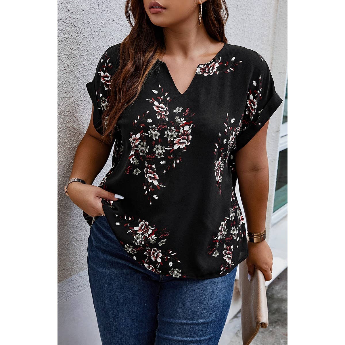 Plus Size Floral Print V Neck Loose Blouse - BBHGWM