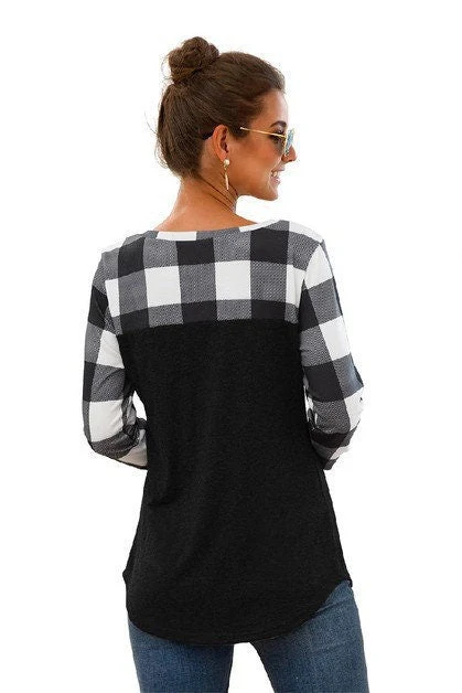 Plaid Long Sleeve Shirt Pocket Patchwork Shirt - BBHGWM