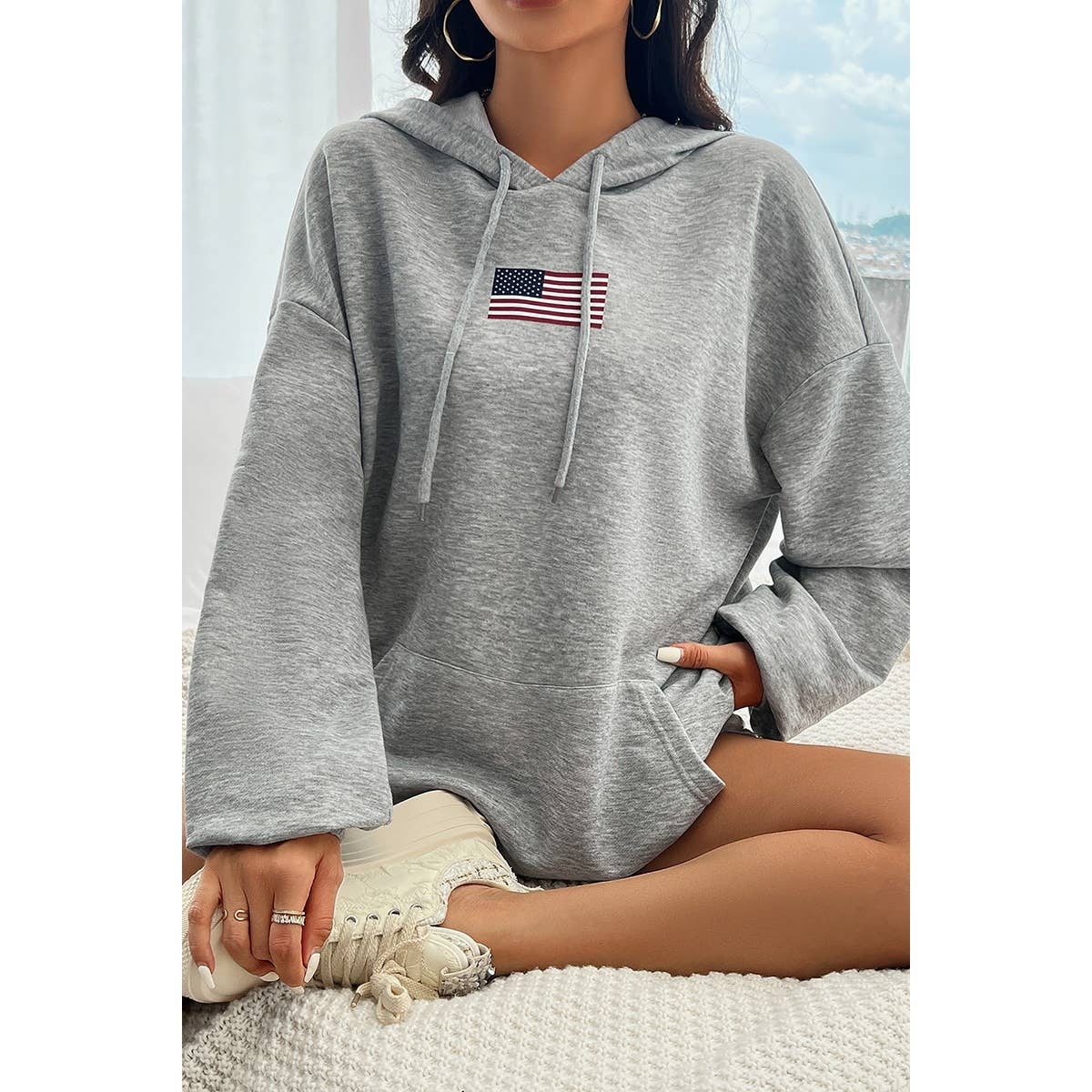 Flag Drawstring Drop Shoulder Pocket Loose Hoodie - BBHGWM
