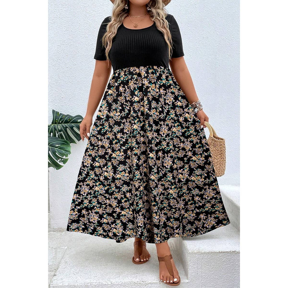 Plus Floral Print Elastic Fit High Waist Dress - BBHGWM