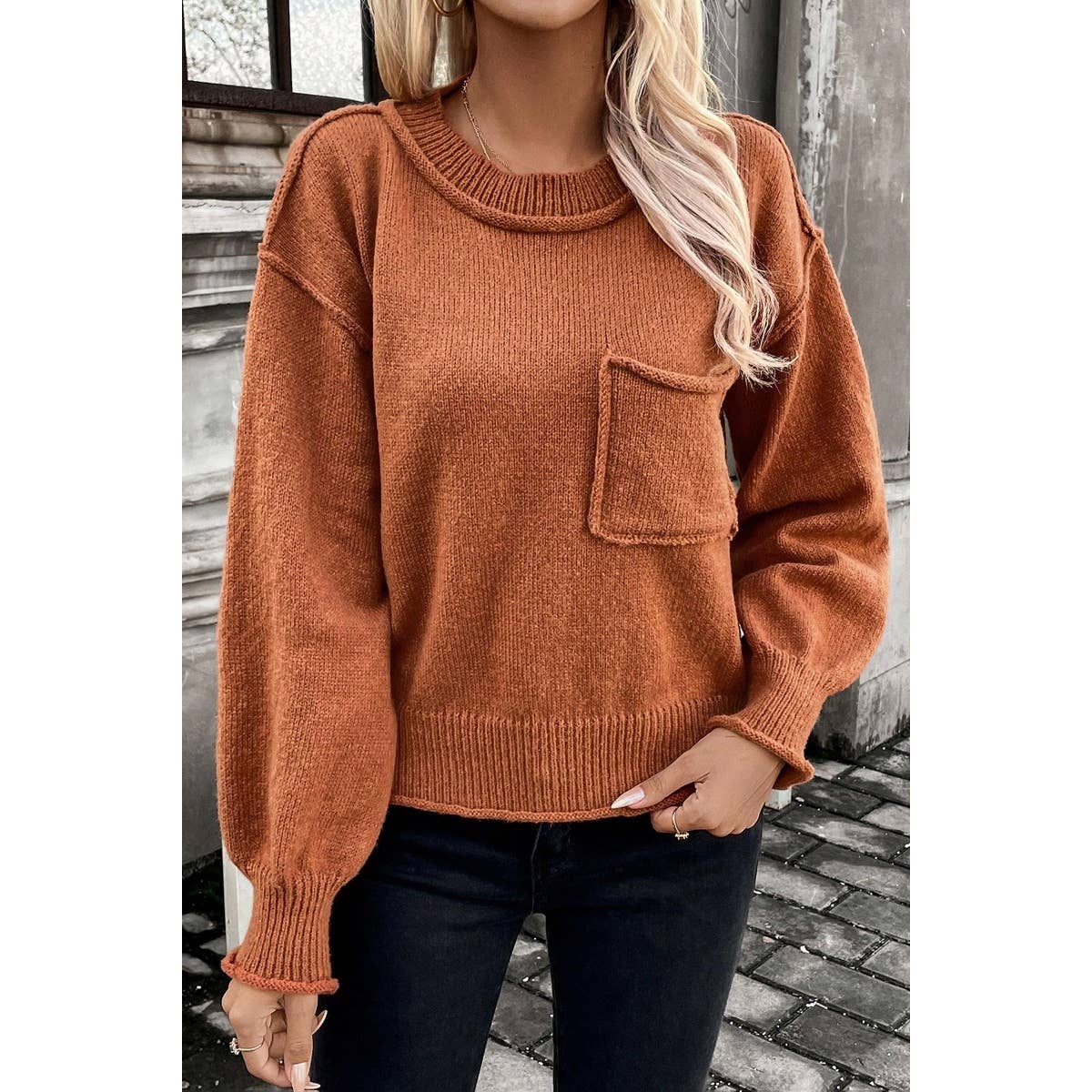Crew Neck Drop Shoulder Long Sleeve Pocket Sweater - BBHGWM