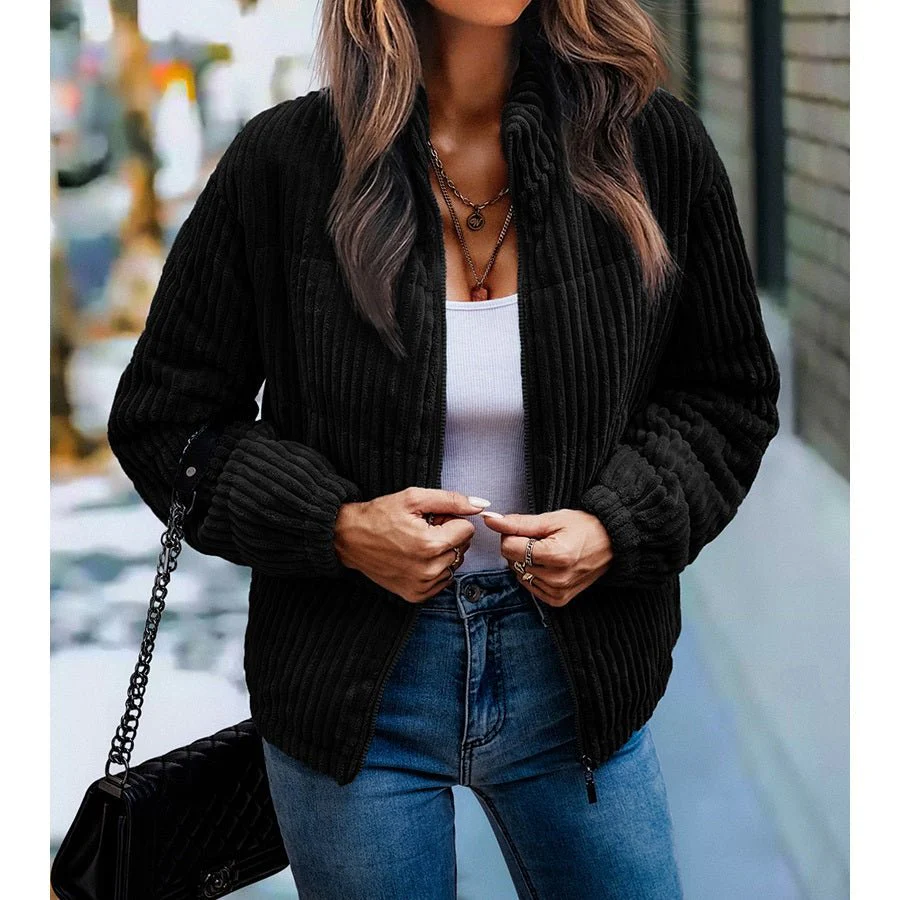 Fuzzy Pocket Zipper Strip Coat - BBHGWM