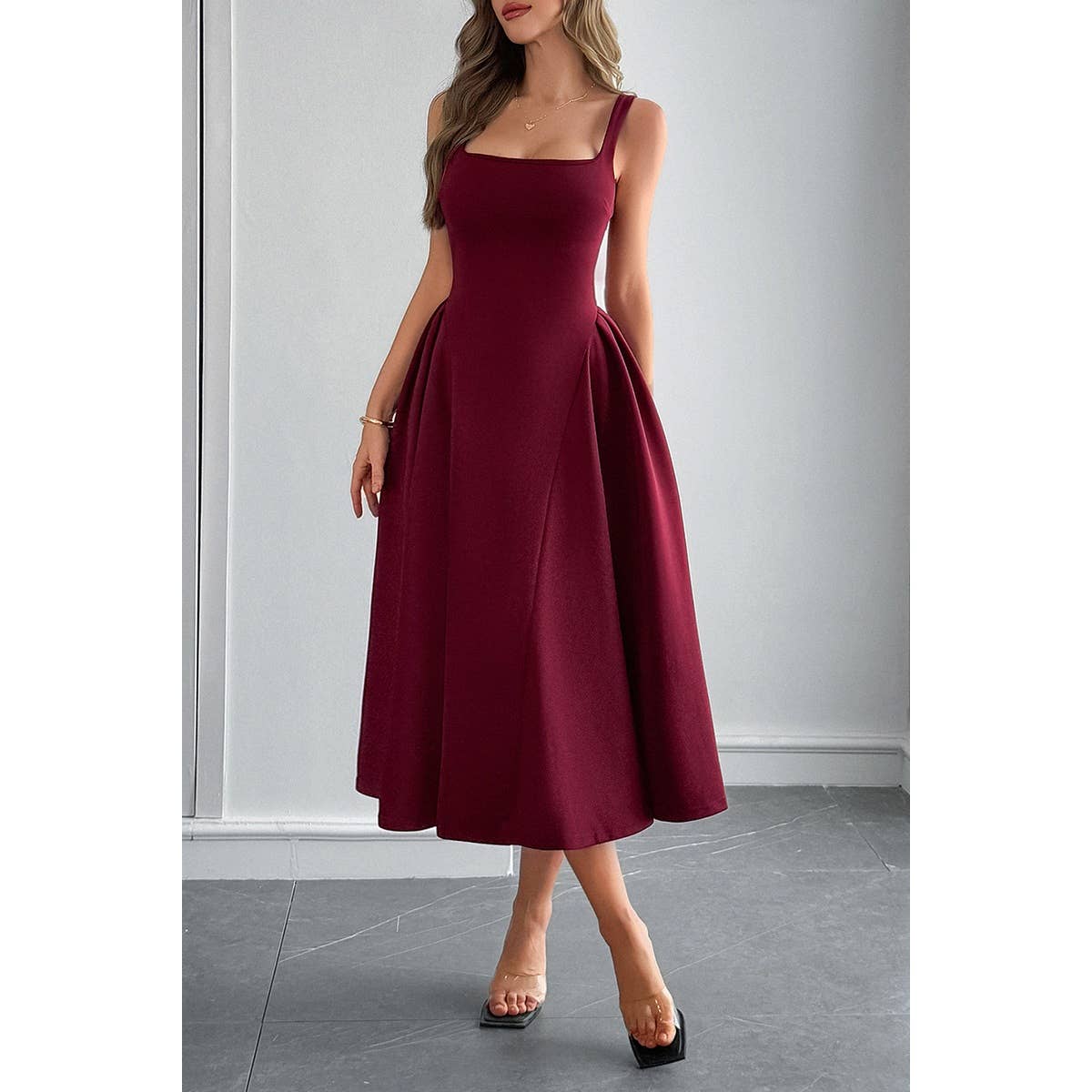 Square Neck A Line Pleated Sleeveless Long Dress - BBHGWM
