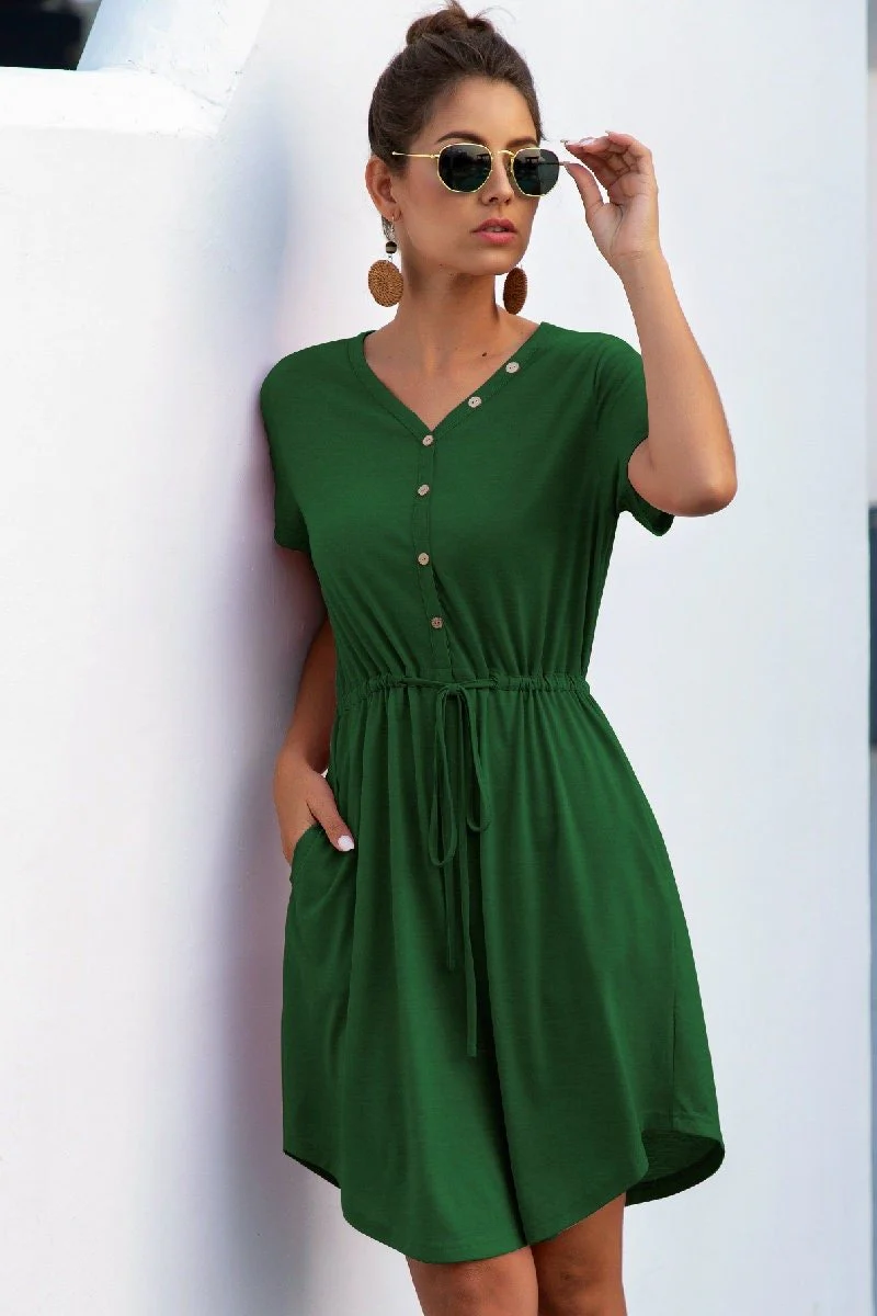 Solid V Neck Button Down Tie Waist Jersey Dress - BBHGWM