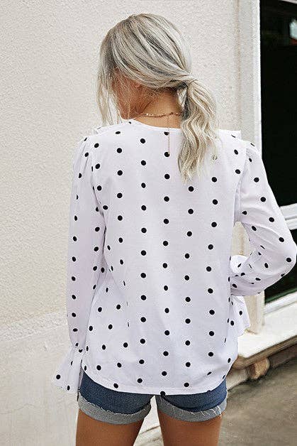 Ruffle V Neck Long Sleeves Dot Top - BBHGWM