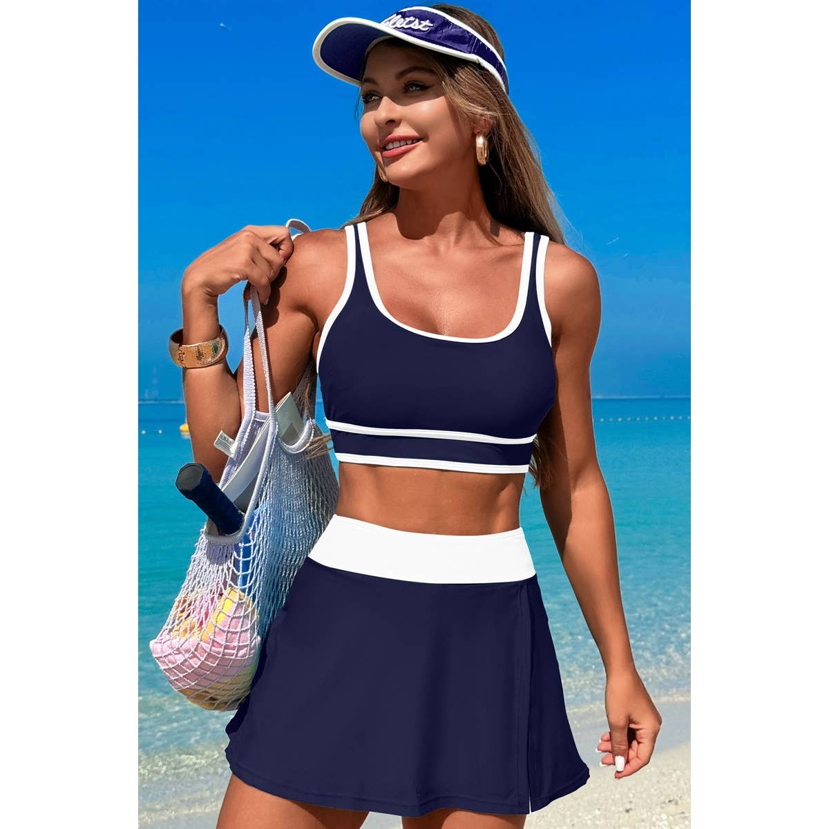 Color Block Two Pieces High Waisted Skirt Swimsuit - BBHGWM