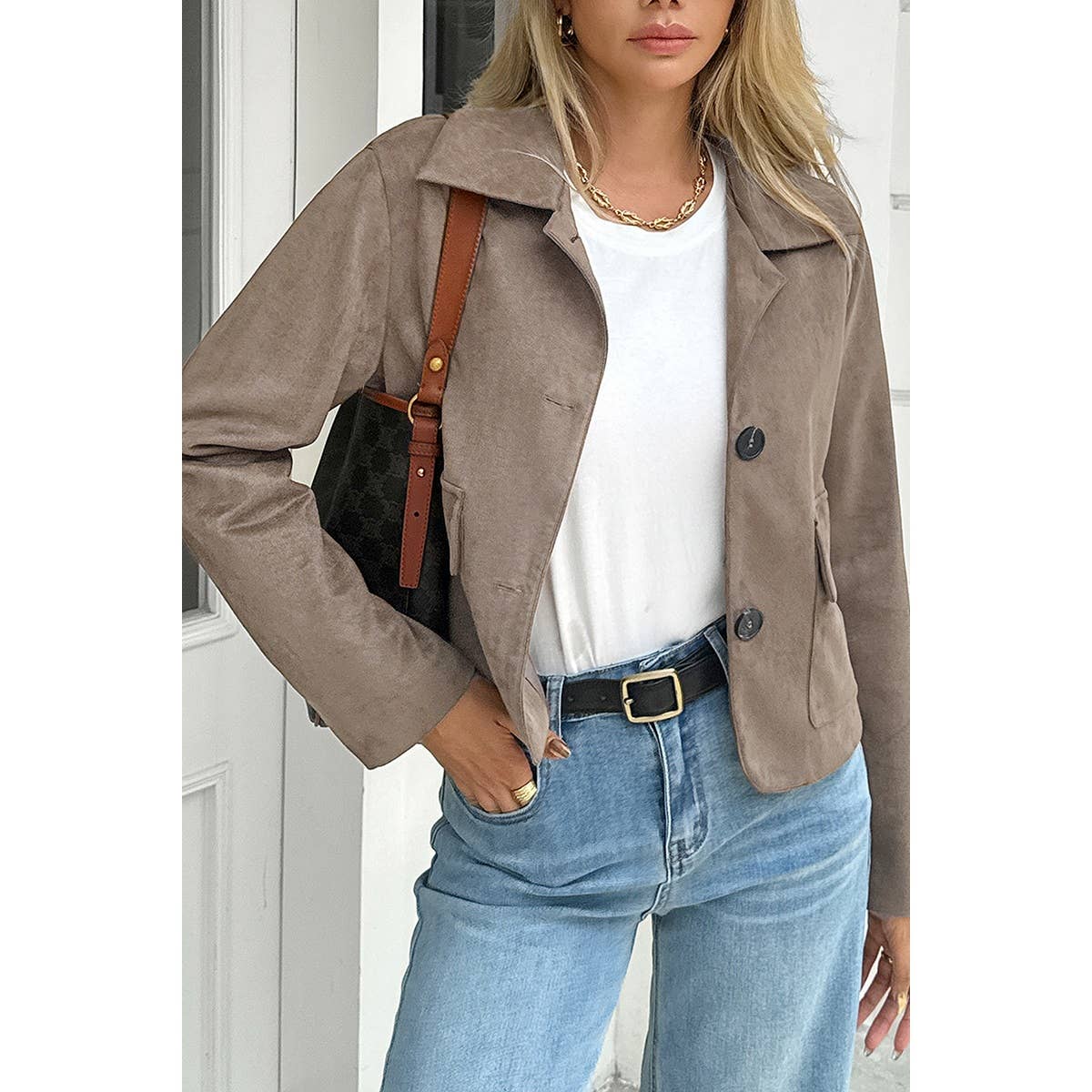 Solid Suit Lapel Faux Suede Leather Jacket - BBHGWM