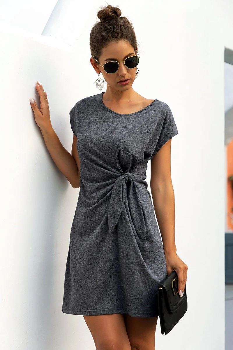 Solid Twist Knot Front Short Sleeve Tee Fit Dress - BBHGWM