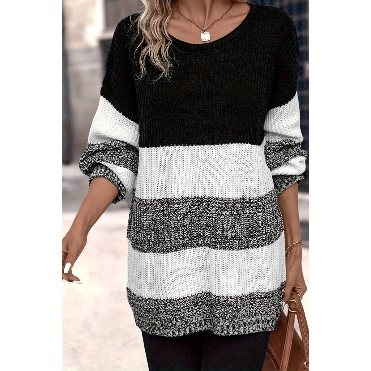 Knit Colorblock Cozy Long Sleeves Loose Sweater - BBHGWM