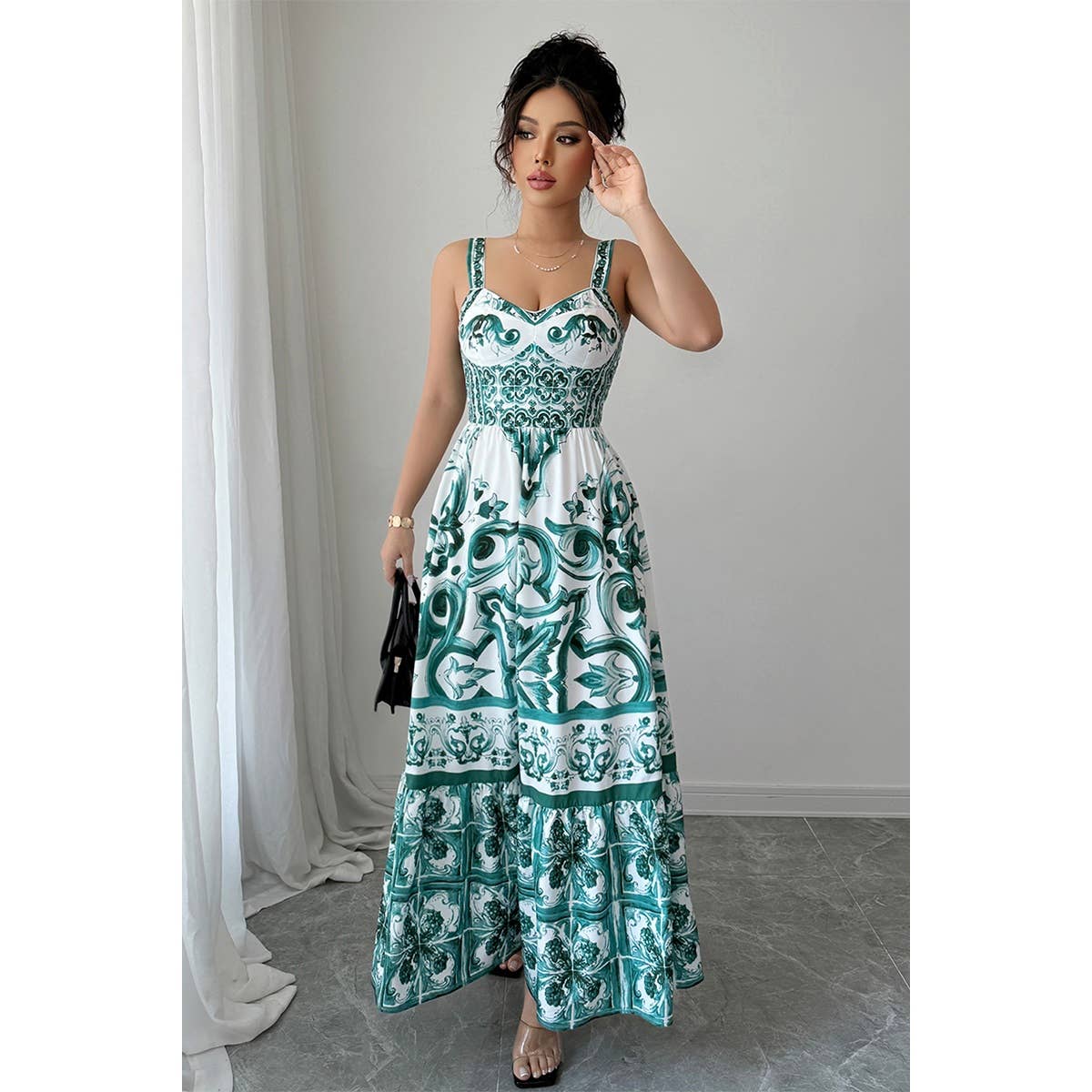 Sleeveless A Line Suspender Printed Long Dress - BBHGWM