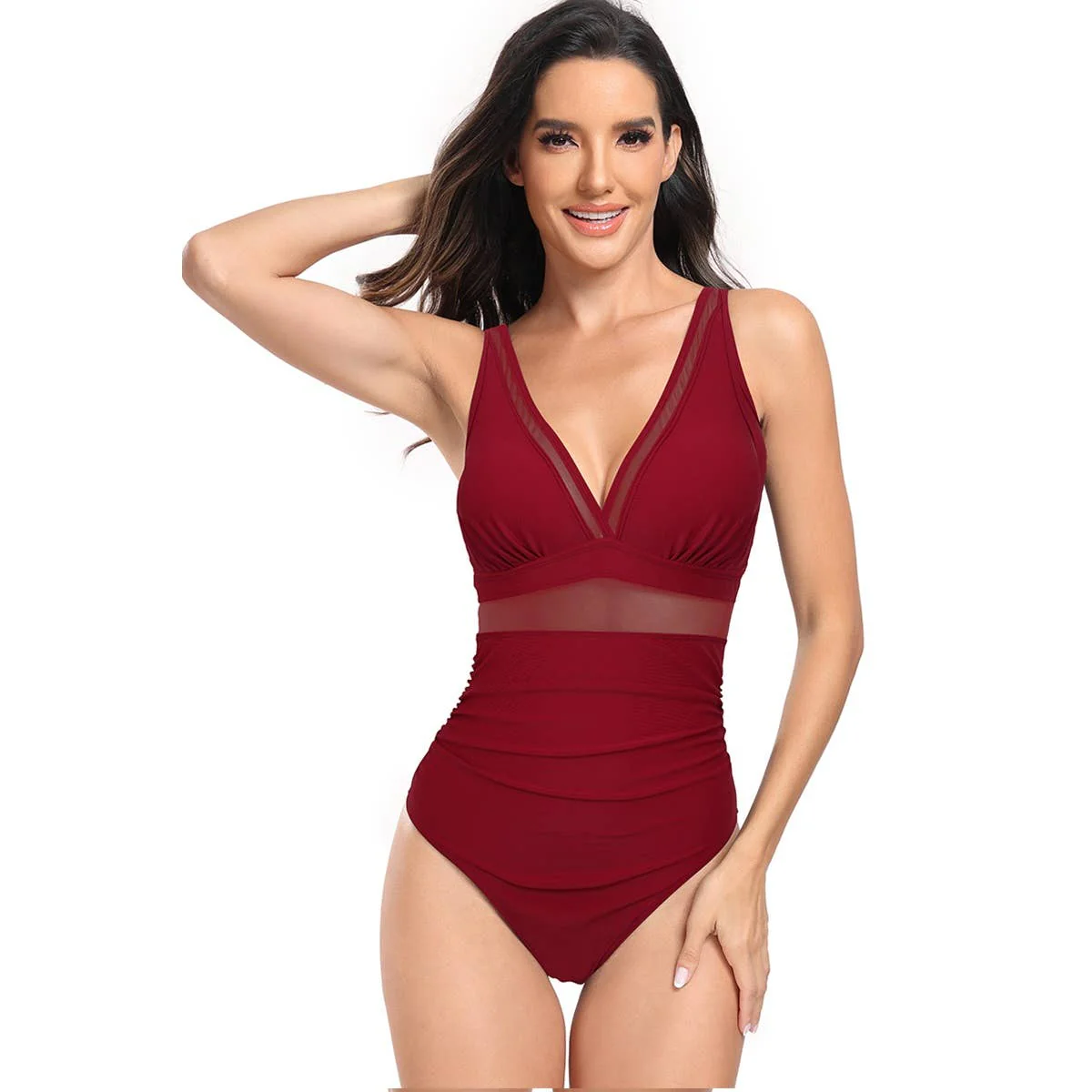 Deep V Neck One Piece Lace Trim Sleeveless Swimsuit - BBHGWM