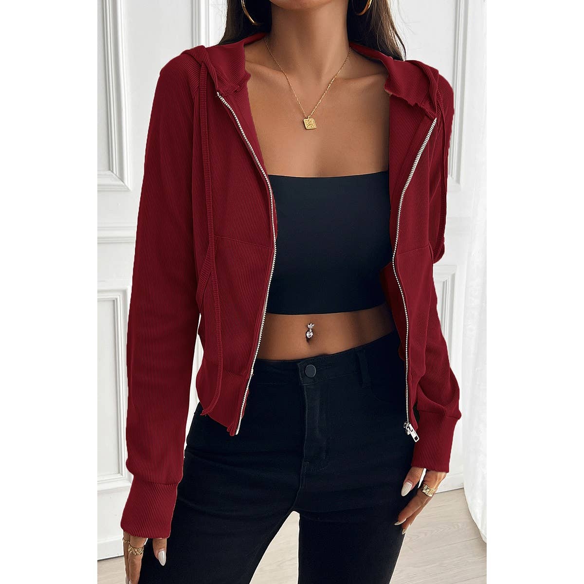 Solid Slim Fit Cropped Zipper Pockets Hoodie - BBHGWM