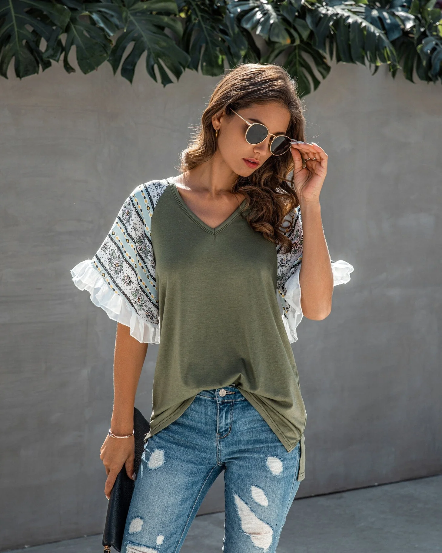 Splicing Print V Neck Ruffle Elegant Top - BBHGWM