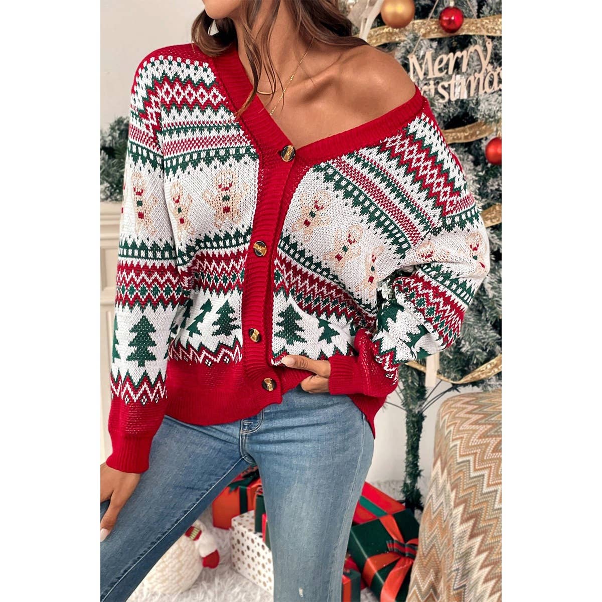 Christmas Print Knit Button Down Loose Cardigan - BBHGWM