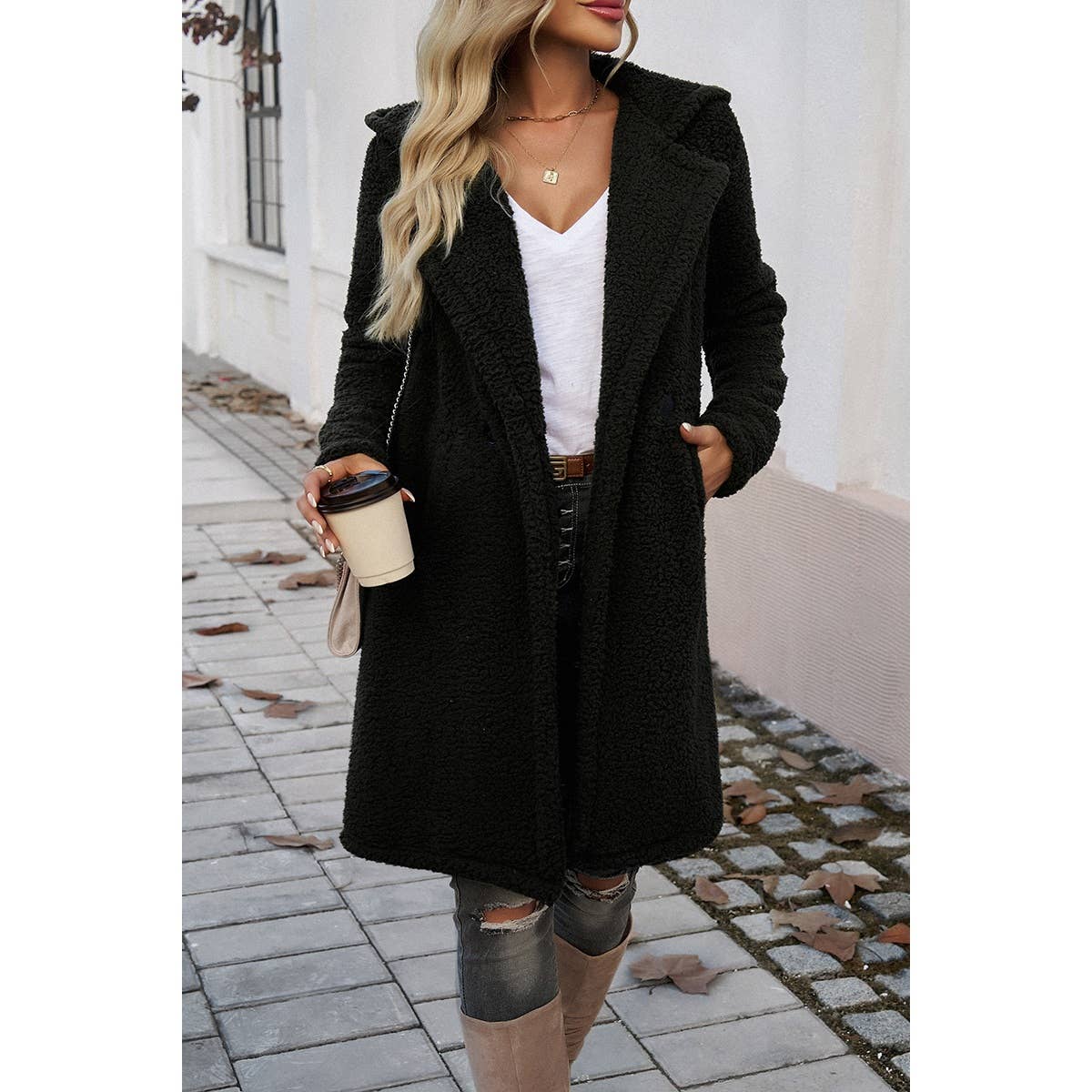 Fuzzy Fleece Hooded Button Lapel Knee Long Coat - BBHGWM