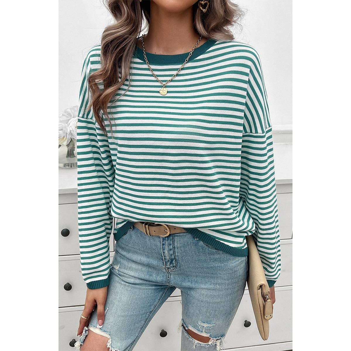 Strip Round Neck Drop Shoulder Loose Sweater - BBHGWM