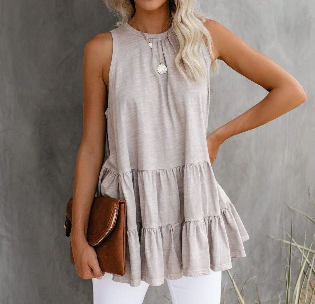 Sleeveless Loose Ruffle Hem Flared Tunic Top - BBHGWM