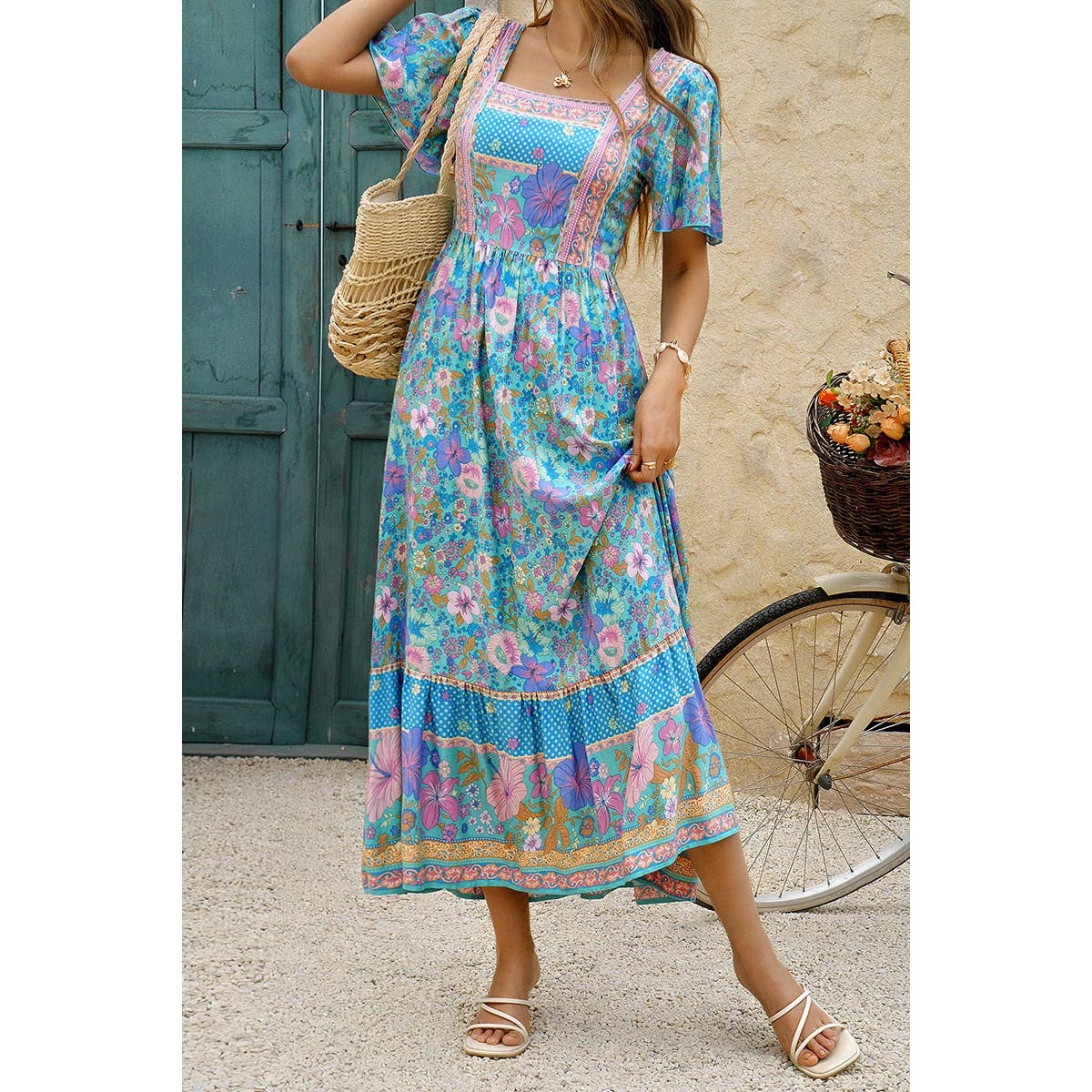 Square Neck Boho Floral A Line Fit Dress - BBHGWM