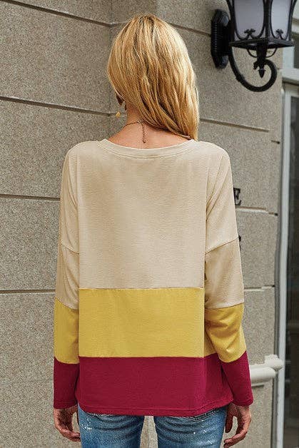 Round Neck Color Block Long Sleeve Loose Shirt - BBHGWM