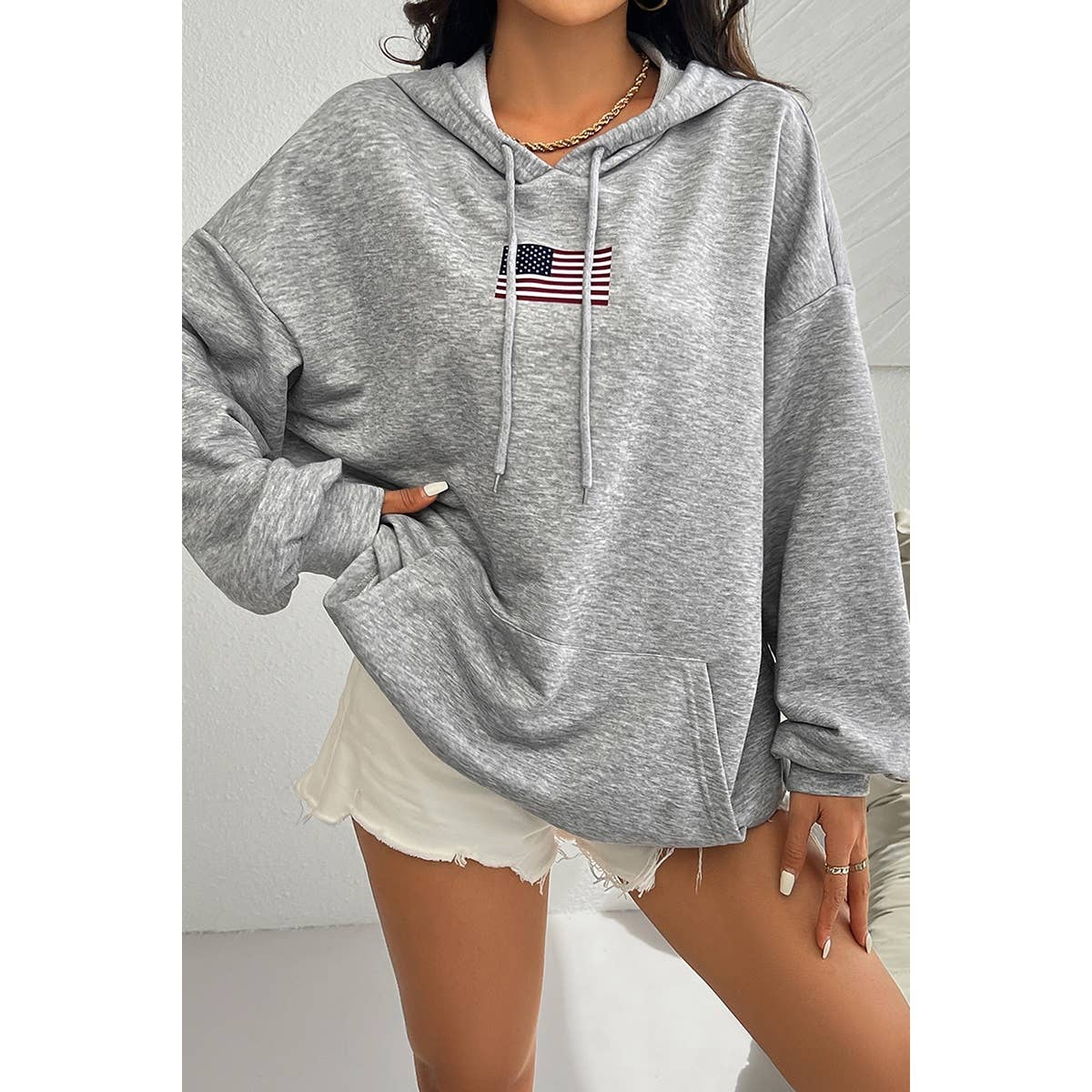 Flag Drawstring Drop Shoulder Pocket Loose Hoodie - BBHGWM