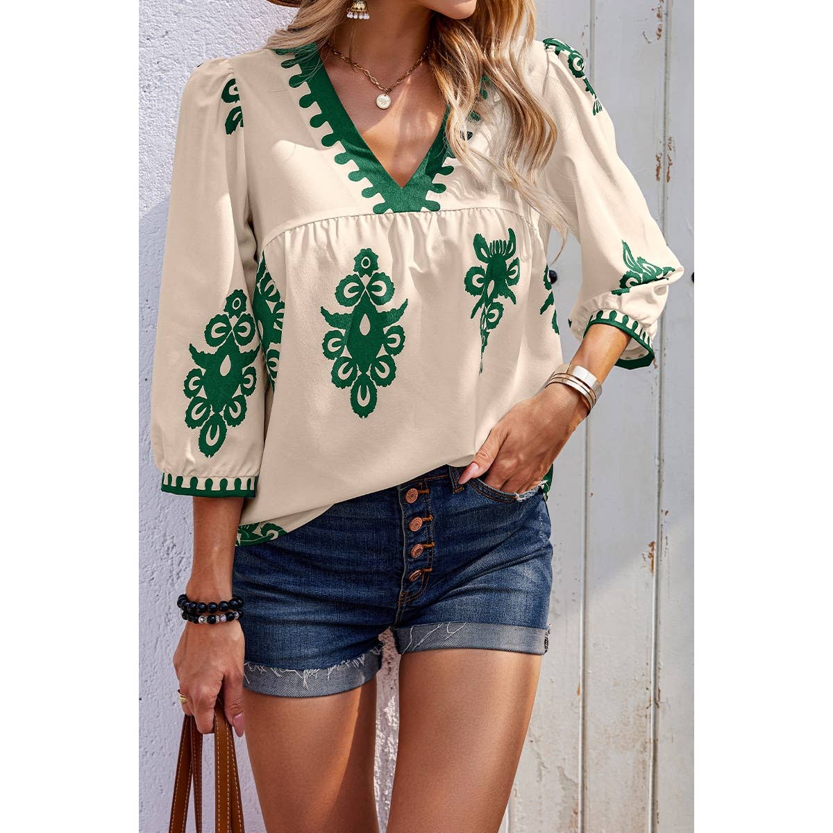 Geo Print V Neck Loose Puff Sleeves Blouse - BBHGWM
