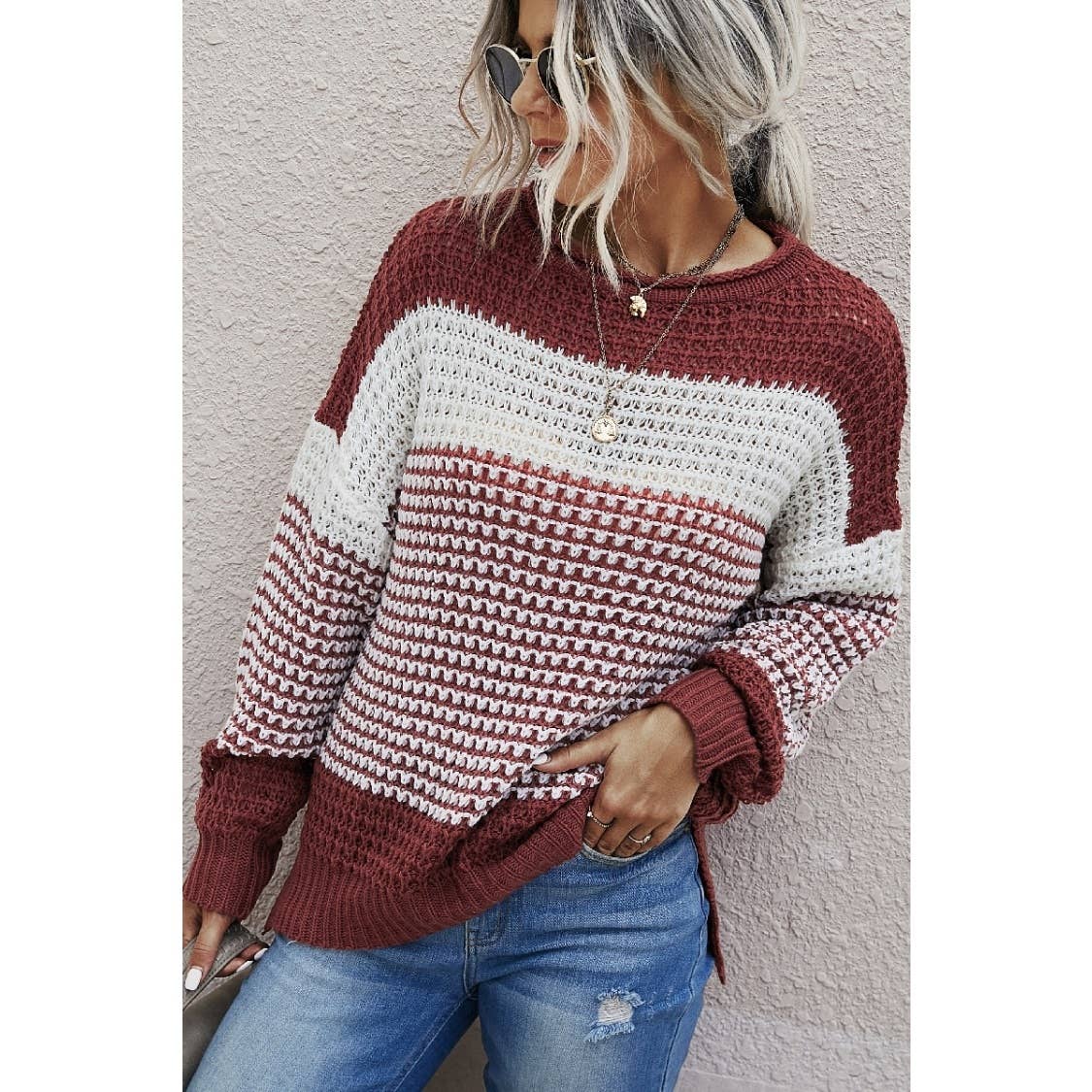 Knit Strip Long Sleeves Sweater - BBHGWM