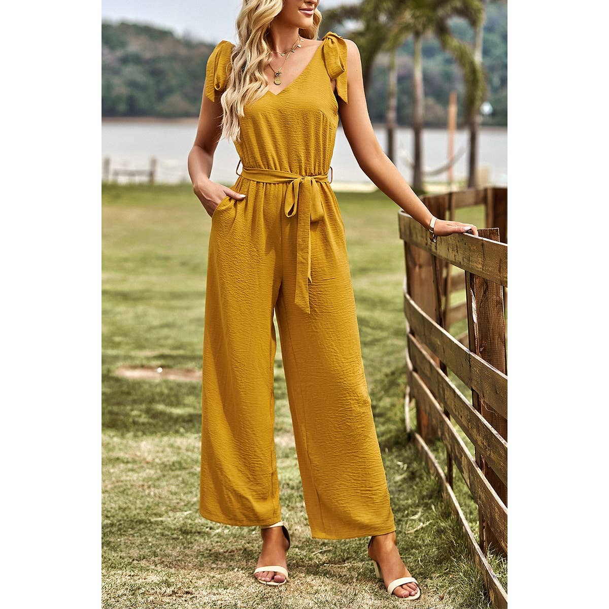Solid Belt V Neck Wide Leg Fit Jumpsuit - BBHGWM