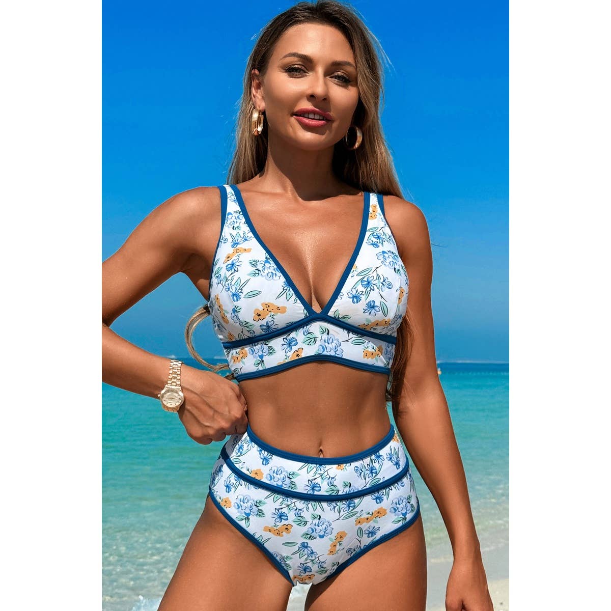 Two Pieces V Neck Bikini Brief Bottom Swimsuit - BBHGWM