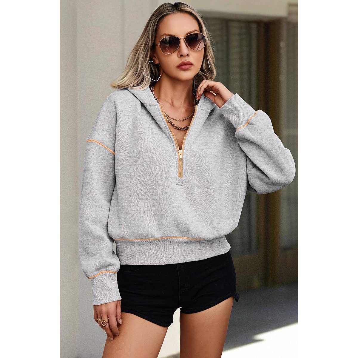 Color Block Drop Shoulder Half Zipper Loose Hoodie - BBHGWM