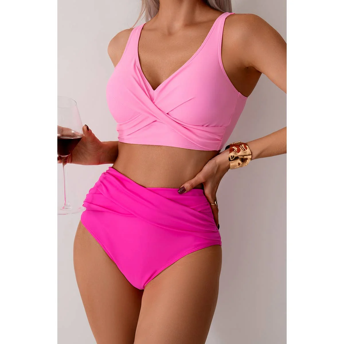 Solid Ruched High Waist Cross Push Up Swimsuit - BBHGWM