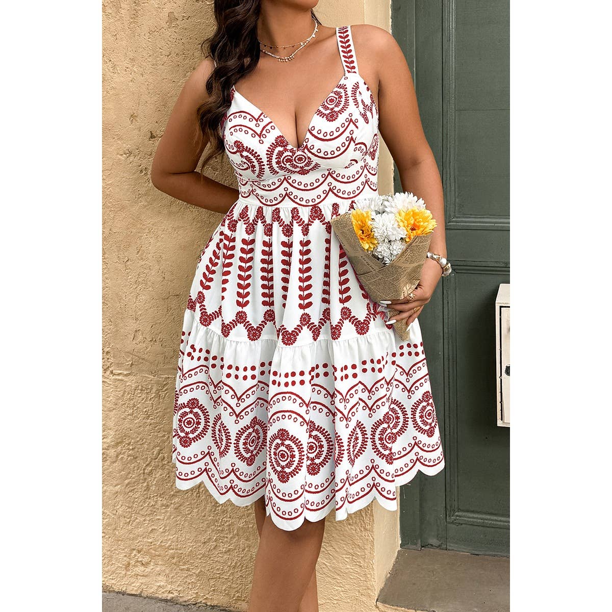 Plus Size Sleeveless Printed V Neck Woven Fit Dress - BBHGWM