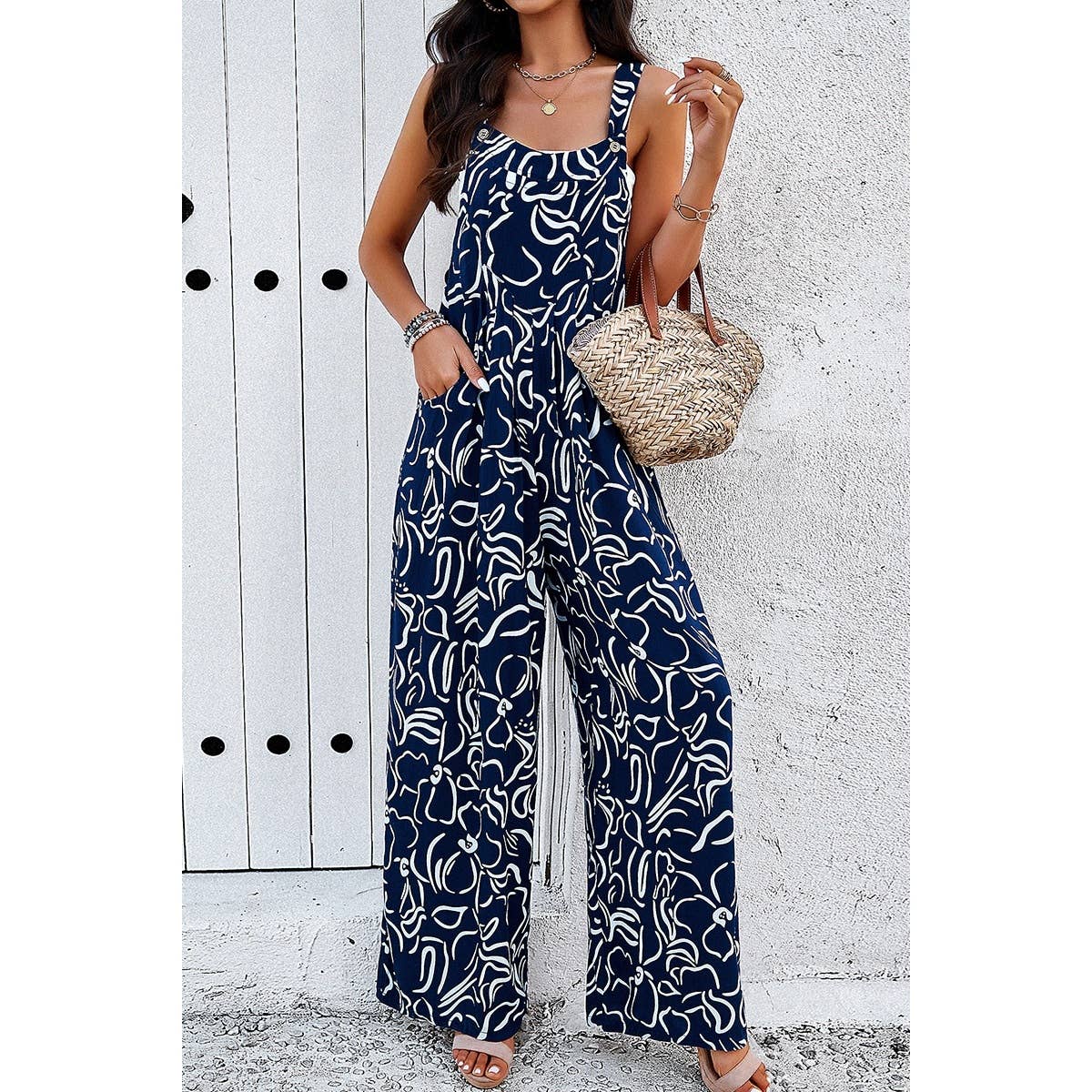 Sleeveless Button Wide Leg Pockets Jumpsuit - BBHGWM