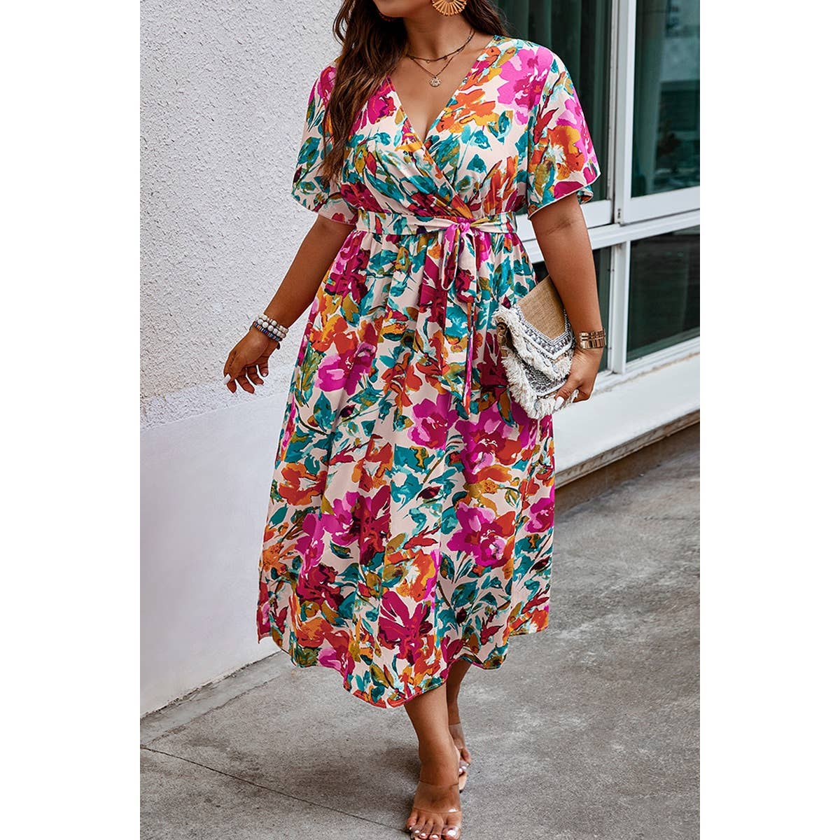 Plus Size Floral Butterfly Sleeve Belted Dress - BBHGWM
