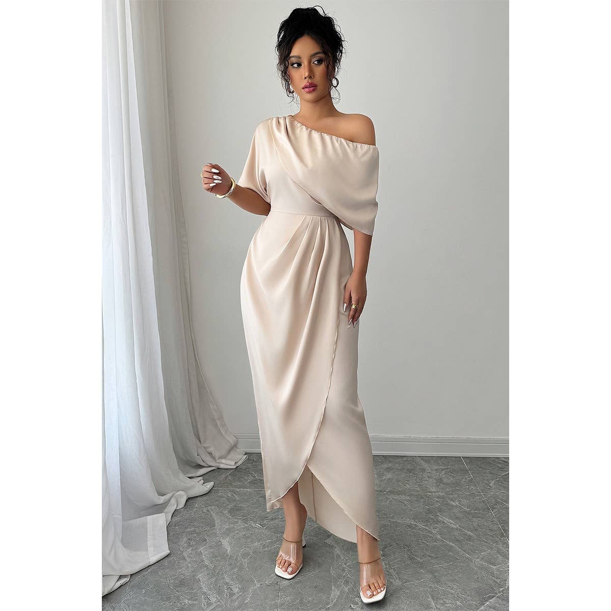 Solid One Shoulder Cross Ruched Dress - BBHGWM