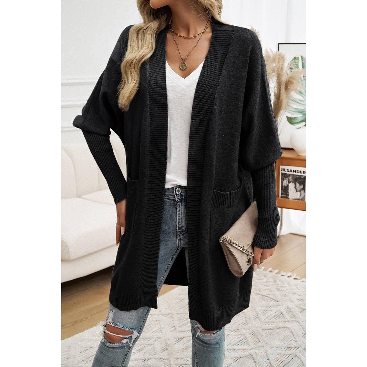 Knit Open Front Bishop Sleeves Pockets Cardigan - BBHGWM