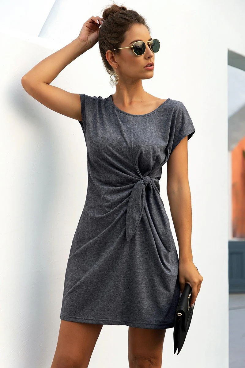 Solid Twist Knot Front Short Sleeve Tee Fit Dress - BBHGWM